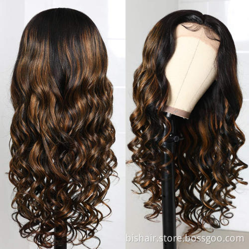 T-part lace front wig suitable for women Brazilian real hair gradient color brown body wavy front wig 18inch